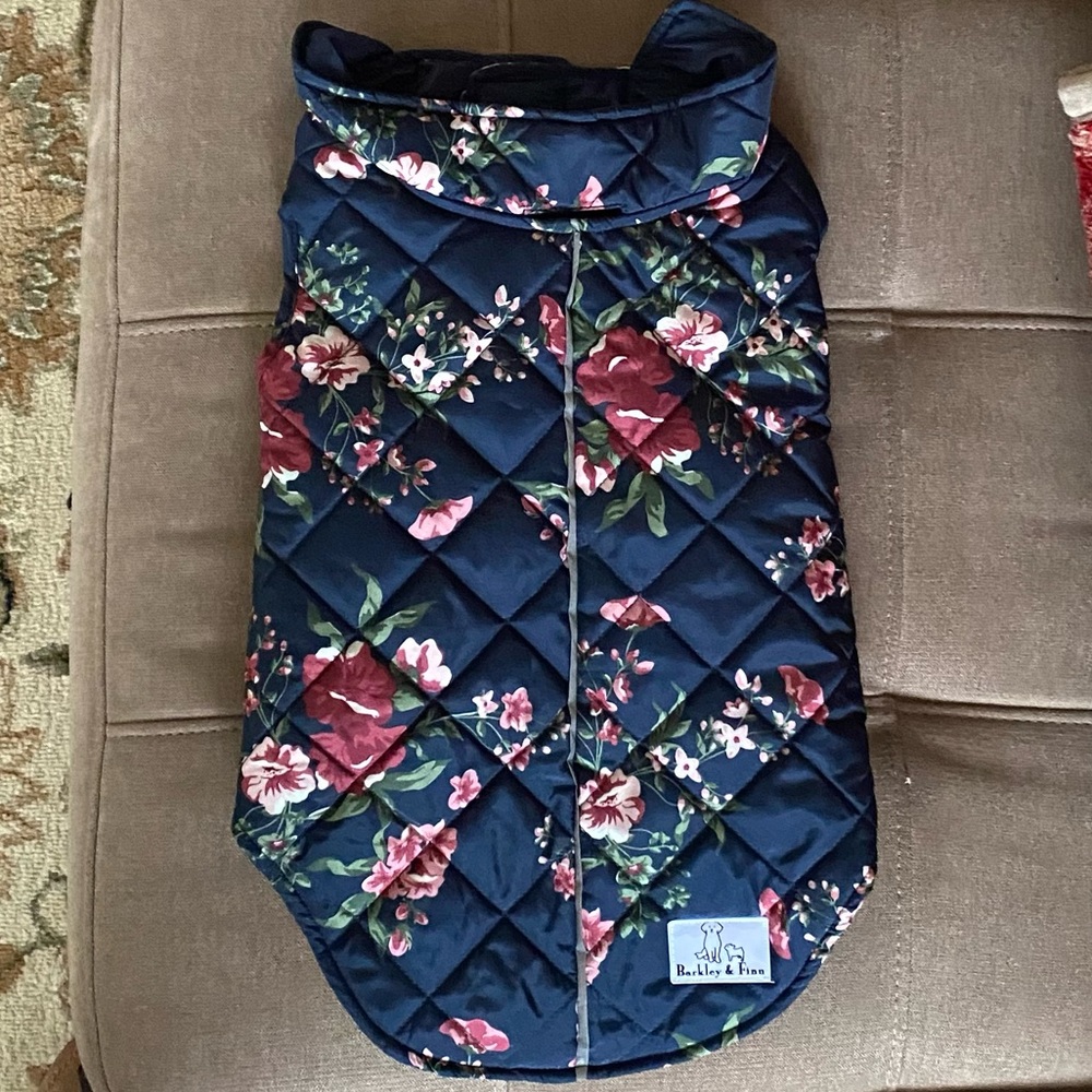Large dog puffer coat in a pretty floral pattern.
